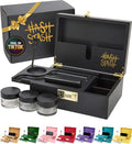 HASHSTASH The OG Storage Box - Large Bamboo Box with Combination Lock Magnetic Lid Organizer Tray Airtight Tube and 3 Jars - Discreet Decorative Locking Wooden Box with Accessories (Black/Gold)