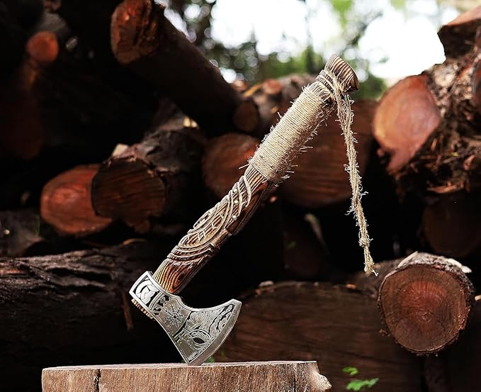 Viking Axe | Hand-Forged Carbon Steel Tomahawk with Rosewood Handle &amp Leather Sheath Bearded Axe for Camping Bushcraft Throwing Gifts for Men (Wood)