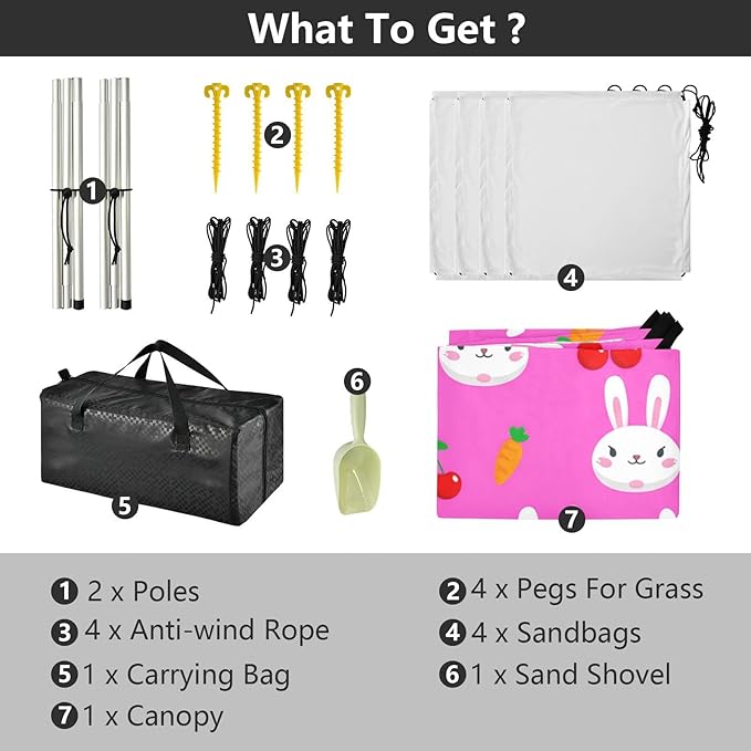 Beach Canopy with Windproof Ropes &amp Sandbags Beach Tent Sun Shade Sun Shelter for Camping Trips Fishing Backyard Fun or Picnics Bunny