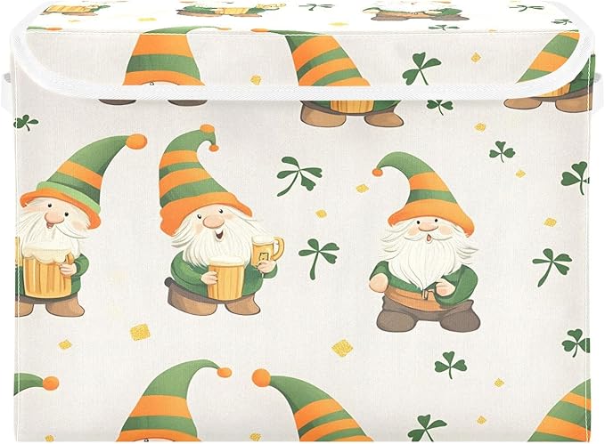 Christmas Storage Baskets with Lids St. Patrick's Day Cute Gnomes Collapsible Bins Stackable Fabric Linen Baskets Closet Organizer Container 16.5x12.6x11.8