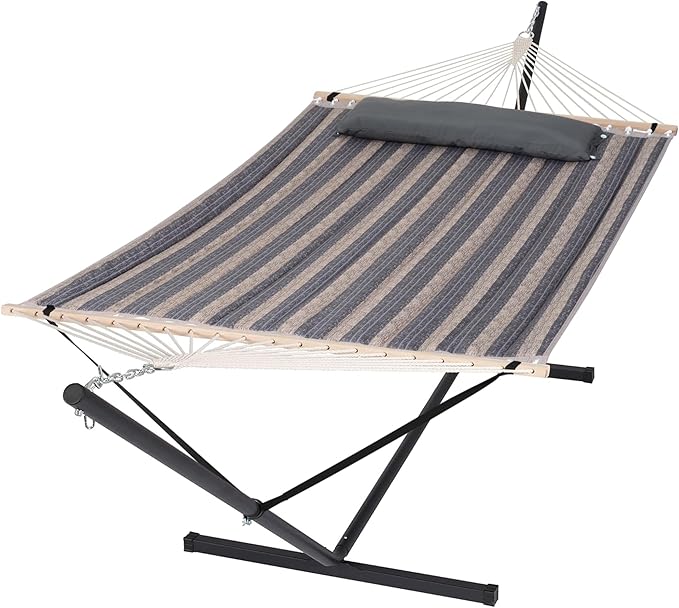 SUNCREAT Hammock with Stand 2 Person Heavy Duty Freestanding Hammock with Spreader Bar Soft Pillow Gray Stripes