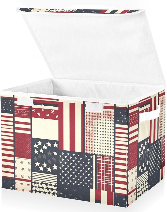 Collapsible Storage Bins with Lids Decorative Fabric Storage Cubes Closet Organizer and Storage Basket Boxes Containers for Clothes Box Chest Nursery Folding Rectangle July 4th Textile Flag