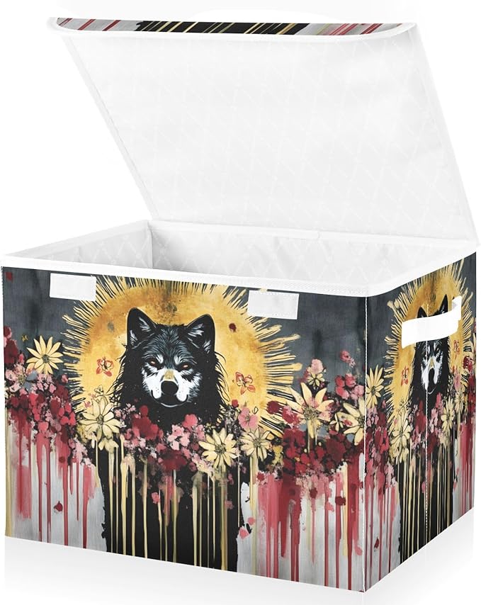 Storage Cube with Lid Tribal Style Wolf Print 16.5×12.6×11.8 IN Collapsible Large Capacity Foldable Storage Basket Bin Organizer
