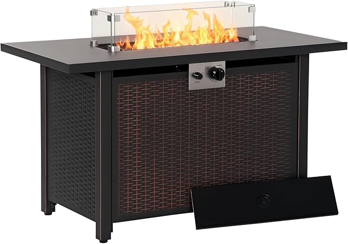 Outsunny 43 Inch Outdoor Propane Gas Fire Pit Table 50000 BTU Auto-Ignition Rectangular Wicker-Effect Gas Firepit with Glass Wind Guard Lid Glass Beads Steel Base CSA Certification Bronze