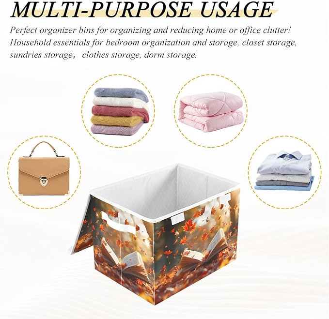 AIXIWAWA Lidded Storage Cube (Autumn Book) Fabric Foldable Closet Bins with Flip Lid and Handles Organizer Basket Container 16.5 x 12.6 x 11.8 IN