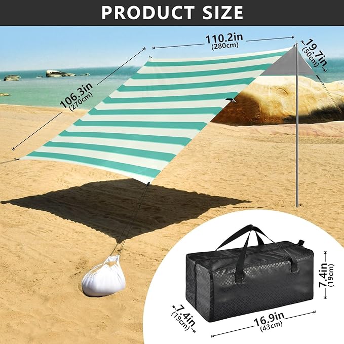 ALAZA Mint Green Stripes Beach Tent Sun Shelter Portable Canopy Sunshade for Outdoor Camping Picnics Backyard Fun 10x9 ft