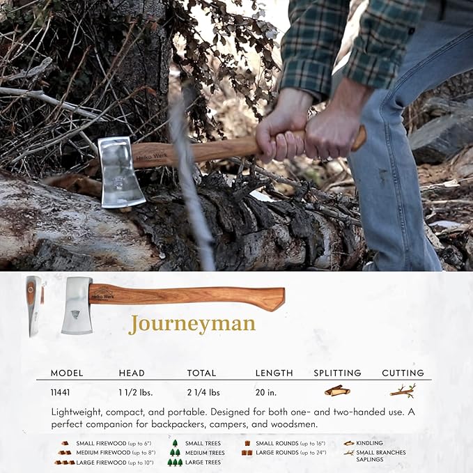 1844 Helko Werk Germany Classic Journeyman Pack Axe - Made in Germany Lightweight and Compact Backpacking Axe and Bushcraft Axe for Camping - Head 1.5 lbs Handle 20 in. (Journeyman) #11441
