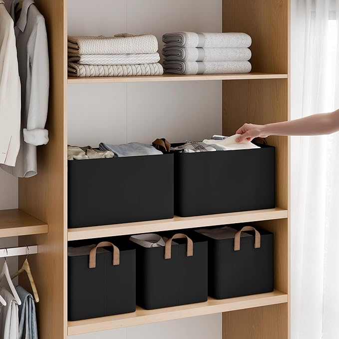 StorageWorks Storage Bins Fabric Storage Bins for Shelves Extra Large Storage Baskets with Metal Frame Closet Baskets and Bins with Handles Jumbo Black 2-Pack