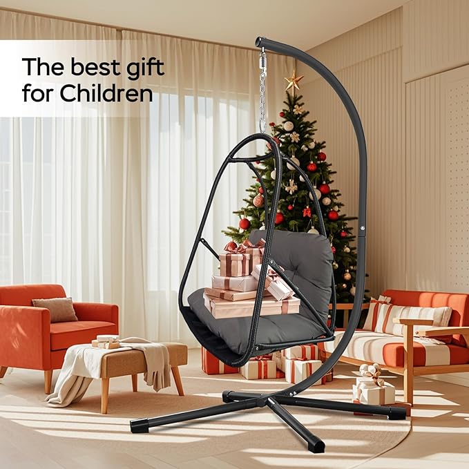 Swing Egg Chair with Stand Indoor Outdoor Wicker Rattan Patio Basket Hanging Chair with C Type Bracket with Cushion and PillowPatio Wicker Folding Hanging Chair(Special Construction Cup Holder
