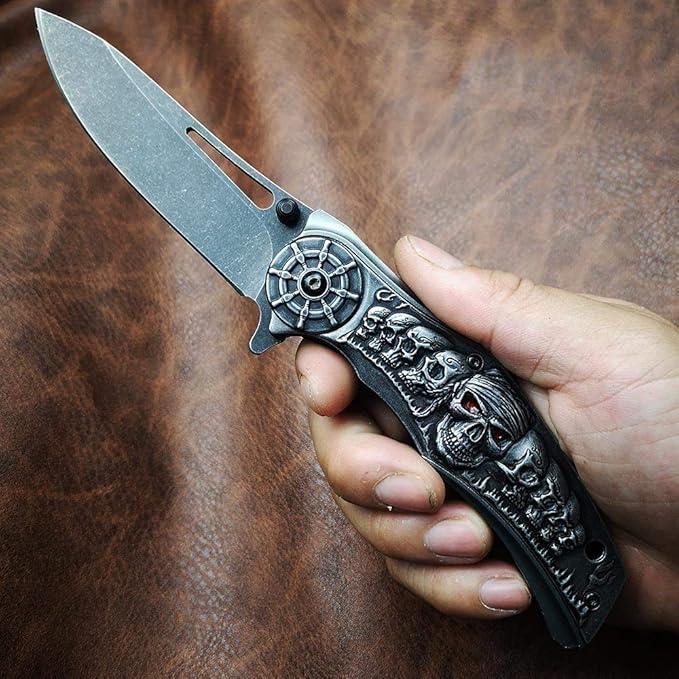Stonewashed Spring Assist Opening Pocket Knife - Hunting Camping Fishing Tools