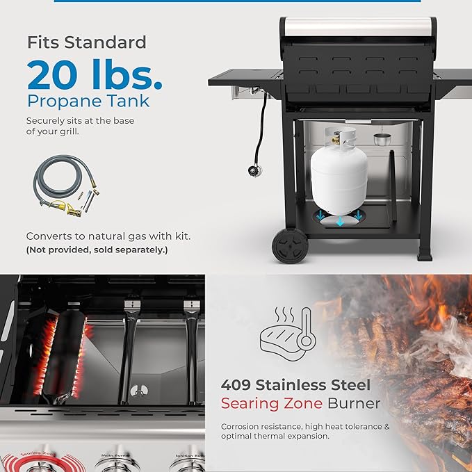Kenmore BBQ Propane Gas Grill - 5 Burners with Side Burner &amp Searing Zone 644 Sq. In. Stainless Steel Grill 66000 BTU Ideal for Outdoor Cooking Patio &amp Backyard Silver