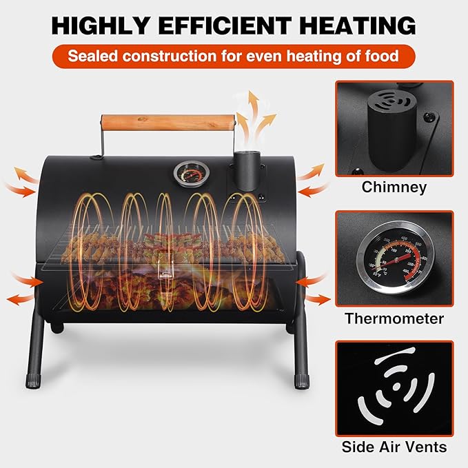 REDCAMP Portable Charcoal Grill with Thermometer Heavy-Duty Thick Steel &amp Foldable Design Compact Small Tabletop Barbecue Grillfor Camping Backyard Beach - Easy Assembly Dual Grilling Zones