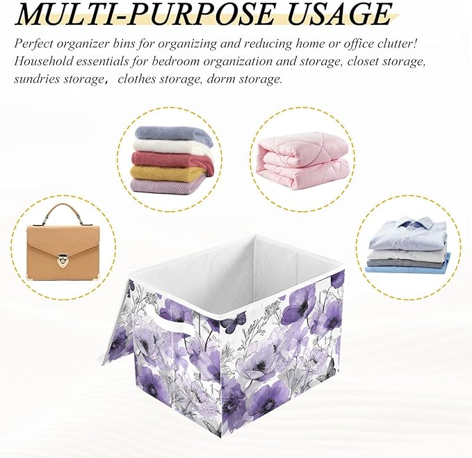 Elegant Purple Flowers Butterflies Storage Box with Lid 1 PC Foldable Storage Bin with Lids Stackable Storage Bins Cube Closet Organizer Basket with Flip-Top Lid &amp Handles for Shoes Books Towels