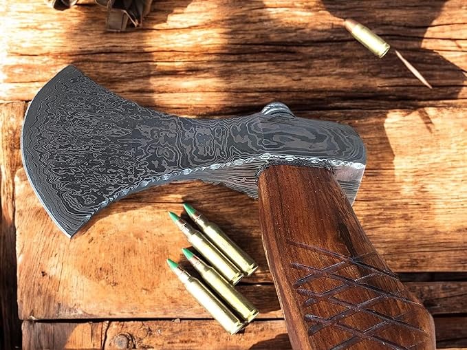 Poshland AX-7000 Custom Gift Forged Damascus Steel Vintage Axe with Rose Wood Shaft Viking Bearded Camping Axe (AX-7000) (AX-8194)