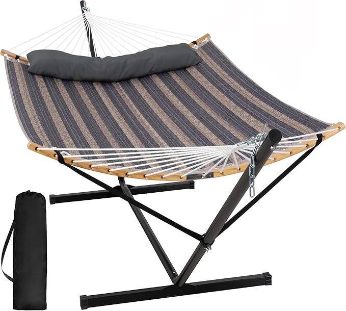 SUNCREAT Hammocks for Outside with Stand Included Double Hammock with Curved Spreader Bar Carrying Bag Gray Stripes