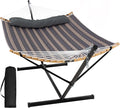 SUNCREAT Hammocks for Outside with Stand Included Double Hammock with Curved Spreader Bar Carrying Bag Gray Stripes