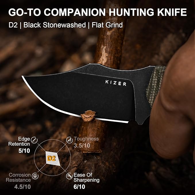 Kizer Beaver 2 Fixed Blade Knife 2.75 D2 Clip Point Blade EDC Hunting Knife with Green Micarta Handle Outdoor Camping Survival Knives with Kydex Sheath Small Neck Knives 1078M3