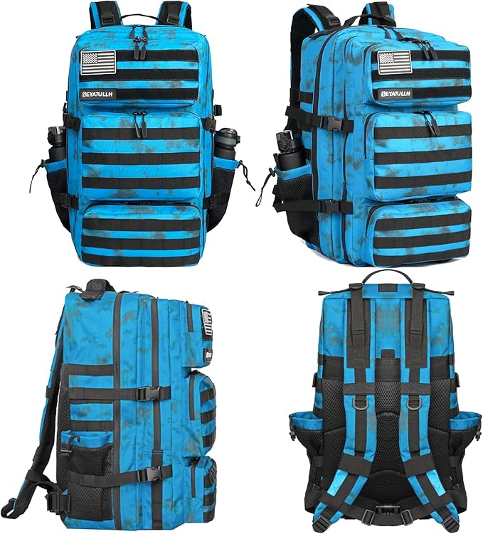 Military Tactical Backpack 55L for Men &amp Women Bug Out Bag Assault pack Molle Daypack Hiking Trekking Rucksack (Blue tie dye)