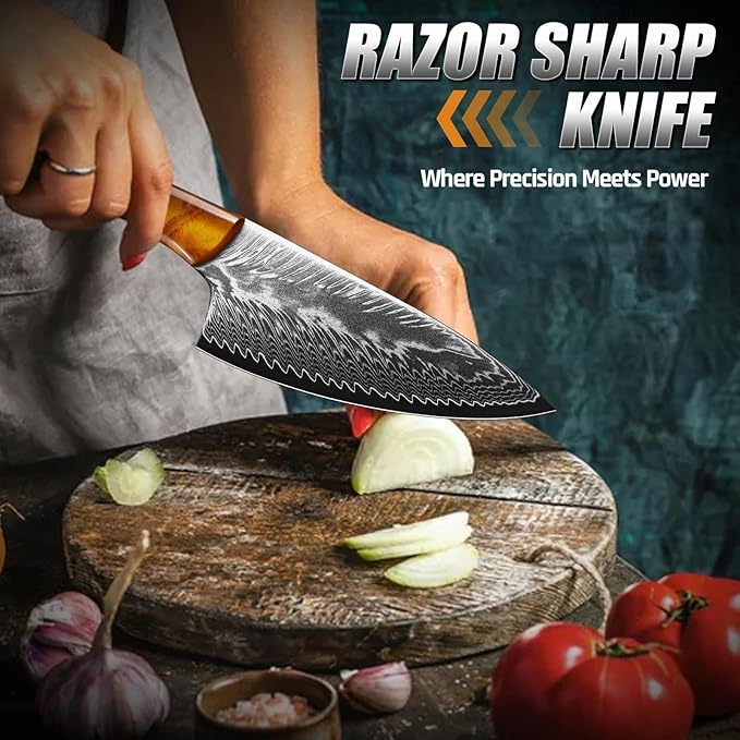 Golden Bird Damascus Steel Knife for Kitchen and Outdoor - Hand Forged Chef Camping Knife with Resin Handle &amp Wood Sheath All Purpose Cooking Survival Hunting KnivesGift for Men &amp Women