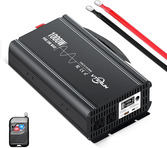 1000W Pure Sine Wave Inverter 12V DC to 110-120V AC Efficient Energy Converter for Home RV Use with Wireless Remote Control with USB C Ports