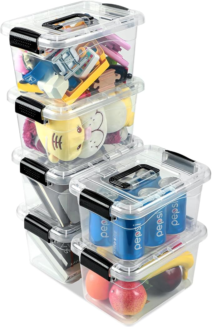 EOENVIVS 6 Pack Clear Storage Bins with Black Buckle and Handle Lids and 6 Pack Clear Storage Bins with Buckle Llids 7 Quart