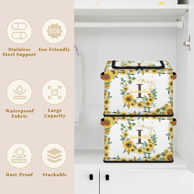 Personalized Sunflower Initials Storage Bins with Zipper Lid Custom Fabric Storage Boxes Foldable Closet Organizers Cubes for Clothes Shelves Home Decorative 2PCS Summer Flower