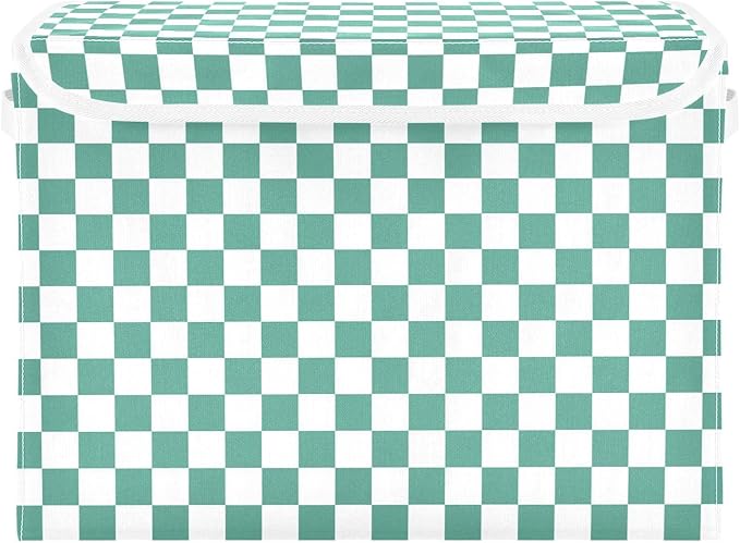 Green White Checkerboard Storage Baskets Lidded Bin Foldable Storage Boxes Cubes Lids with 2 Handles for Organizing Closet Home Office