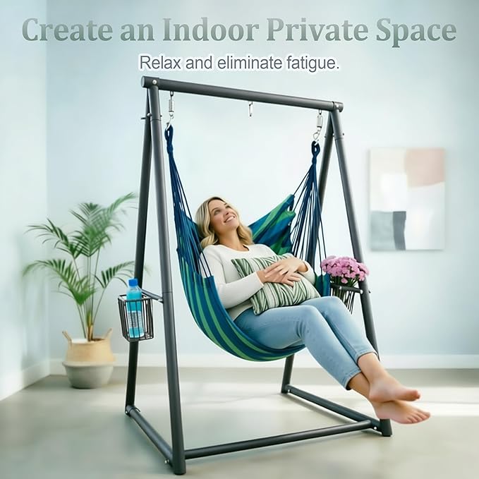 YOXIFOC Reinforced Base &amp Triangular Structure Hammock Stand with 2 Storage Baskets Swing Stand with 3 Hooks Fit for Most Hanging Chair for Oudoor&ampIndoor (with Chair) (Gray)