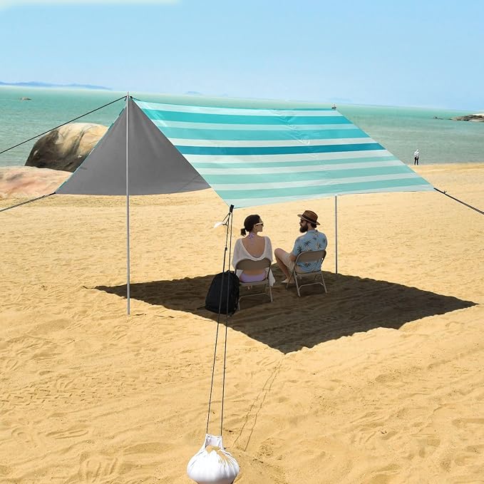 ALAZA Teal Blue Stripes Beach Tent Sun Shelter Portable Canopy Sunshade for Outdoor Camping Picnics Backyard Fun 10x9 ft