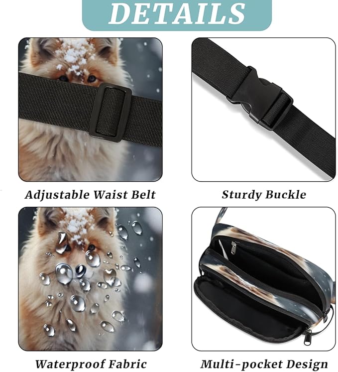Cute Fox Snow Waterproof Fanny Pack for Women Men Adjustable Waist Bag with Double Zipper Pockets Lightweight Square Hip Pack for Running Travel Hiking Workout Cycling