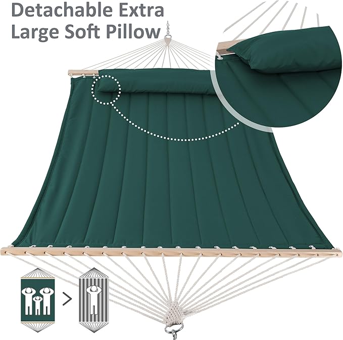 SUNCREAT 2 Person Hammocks for Outside with Stand Extra Large Double Hammock with Wooden Stand Dark Green