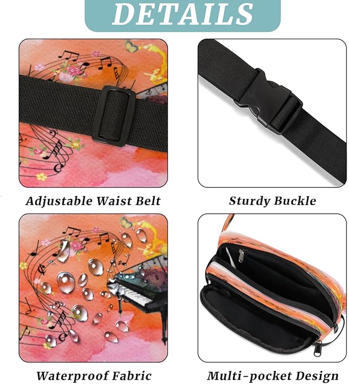 Piano Notes Flowers Watercolor Waterproof Fanny Pack for Women Men Adjustable Waist Bag with Double Zipper Pockets Lightweight Square Hip Pack for Running Travel Hiking Workout Cycling
