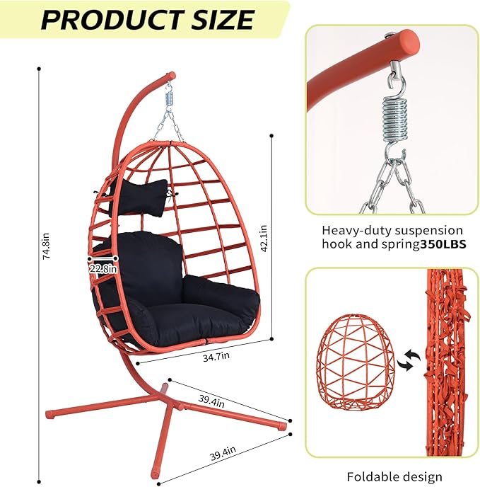 Hanging Egg Chair with Stand Outdoor Indoor Patio Rattan Swing Hammock Chairs with Washable Cushion 350lbs Capacity PE Wicker Swing Chair for Backyard Bedroom Garden (Orange + Black Cushion)