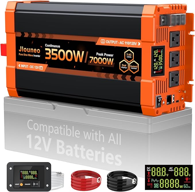 3500W Pure Sine Wave Inverter 12V DC to 110V/120V AC Power Inverter for Truck Semi Truck RV Off-Grid Solar Home Backup with 3 AC Outlets Dual LCD Display Remote Control Hardwire Port