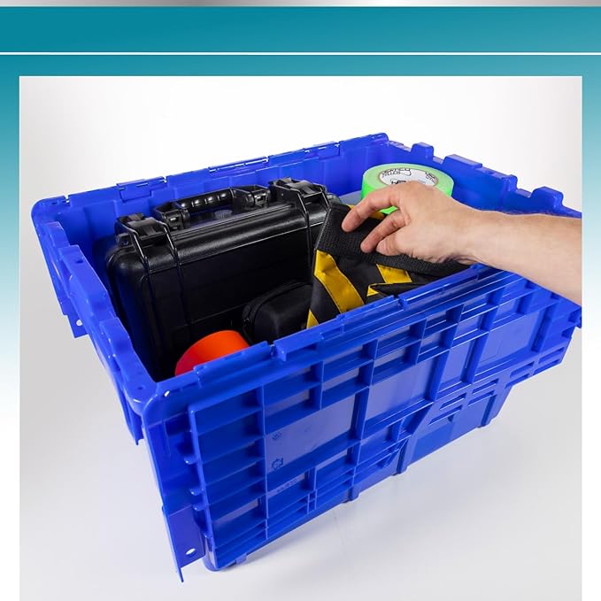IDL Packaging 14-Gallon Industrial Plastic Tote with Hinged Lids Blue Pack of 1 - Heavy-Duty Large 22L x 15W x 12H Container for Warehouses Garages and Home Storage