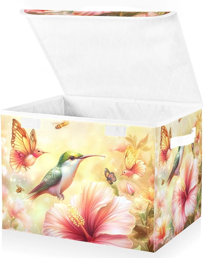 Collapsible Storage Bins with Lids Decorative Fabric Storage Cubes Closet Organizer and Storage Basket Boxes Containers for Clothes Box Chest Nursery Folding Rectangle Hibiscus Blossom and Hu