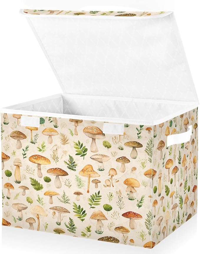 Storage Bins With Lid Stackable Fabric Closet Organizer Clothing Storage Large Boxes For Closet Shelves Bedroom Beige Mushrooms Leaves Caps Natural