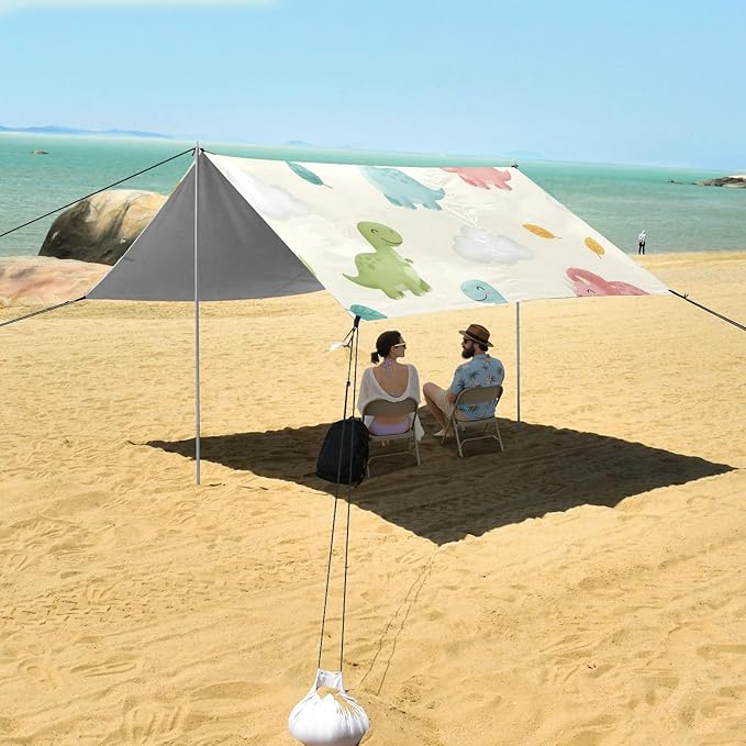 xigua Dinosaur Beach Tent Sun Shelter with Carrying Bag - Silver Coated Oxford Fabric Beach Canopy for Beach Camping Fishing - Includes Windproof Ropes Sandbags &amp Stakes