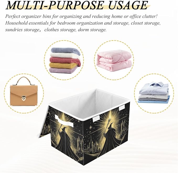 Large Storage Bins Witch Gold Black with Linen Foldable Storage Cubes Fabric Closet Organizer Containers box with Flip-Top Lid for Home Office 16.5 x 12.6 x 11.8 IN