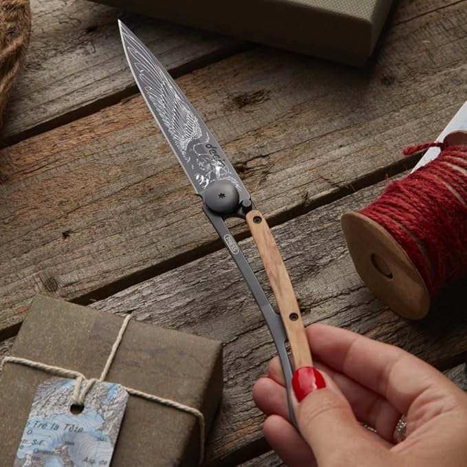 deejo - 37G Folding Pocket Knife with Belt Clip - Eagle Design 3.7-Inch Stainless Steel Blade Black Titanium Finish Juniper Wood Handle - Lightweight Everyday Carry for Home Work and Outdoor Use