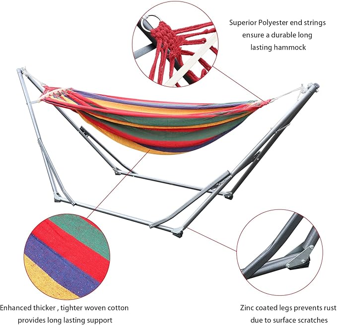 Double Hammock Basics Dual-bar Design Heavy-Duty Metal Hammock Stand with Carrying Bag 400 LBS Strong Load-Bearing Striped Print Red