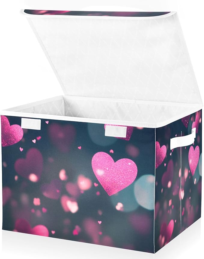 senya Valentines Baskets Collapsible Storage Bins with Lids Love Hearts Romantic Storage Boxes Clothes Baskets for Organizing