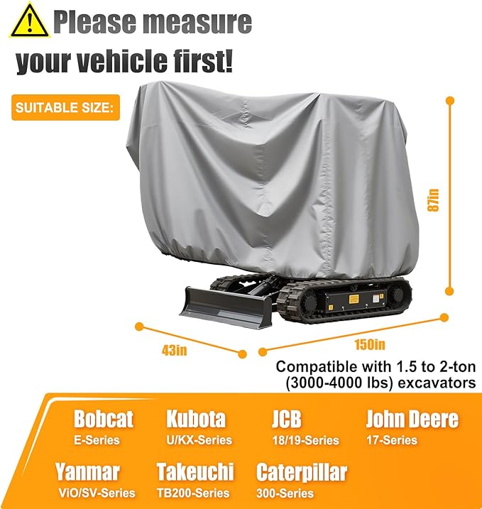Mini Excavator Cover Fits 3000-4000 lbs Models Mini Excavator Covers Waterproof Compatible with Bobcat E20/Kubota U17/Caterpillar/John Deere 17G 600D Excavator Cover Heavy Duty Excavator Cover.