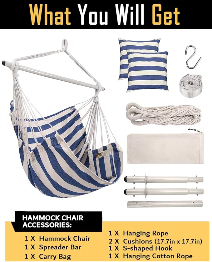 ADVOKAIR Hammock Chair Hanging Chair Swing Large Indoor with Anti-Slip Steel Spread Bar and Pocket-Max 500lbs-2 Cushions Perfect for BedroomOutdoorPatio PorchBackyard…