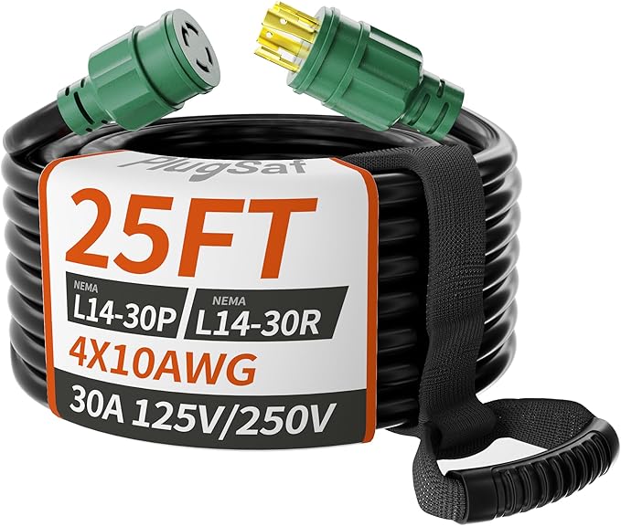 PlugSaf 25FT 30 Amp Generator Extension Cord 4 Prong NEMA L14-30P/L14-30R 10 Gauge STW 125/250V Twist Lock Generator Cord Heavy Duty Black ETL Listed