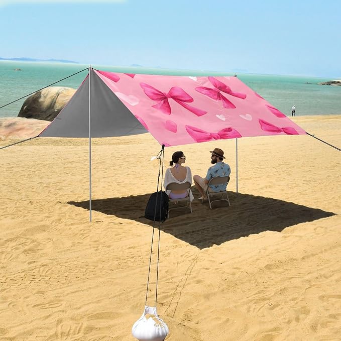 ALAZA Pink Bows Love Pattern Beach Tent Sun Shelter Portable Canopy Sunshade for Outdoor Camping Picnics Backyard Fun 10x9 ft