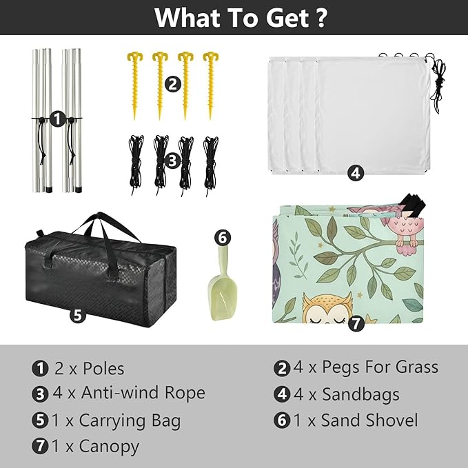 xigua Owl Beach Tent Sun Shelter with Carrying Bag - Silver Coated Oxford Fabric Beach Canopy for Beach Camping Fishing - Includes Windproof Ropes Sandbags &amp Stakes