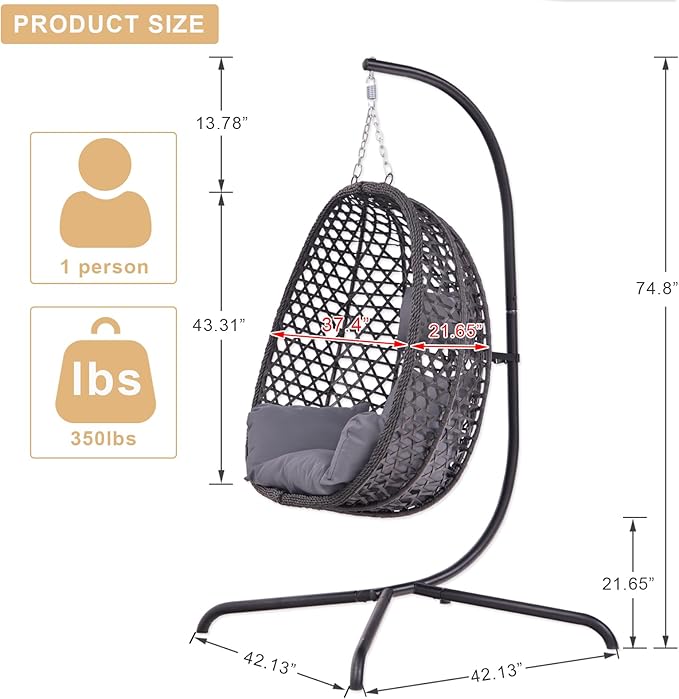Indoor Hanging Chair with Stand for Bedroom Hexagon Rattan Wicker Swing Egg Chair for Bedroom Porch Garden Patio Outdoor Hammock Egg Swing Chair with Cushion350LBS Capacity(Dark Grey)