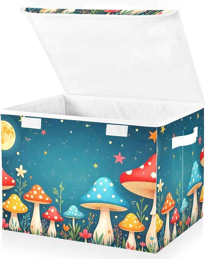 Storage Cube with Lid Night Mushroom Cartoon Print 16.5×12.6×11.8 IN Collapsible Large Capacity Foldable Storage Basket Bin Organizer