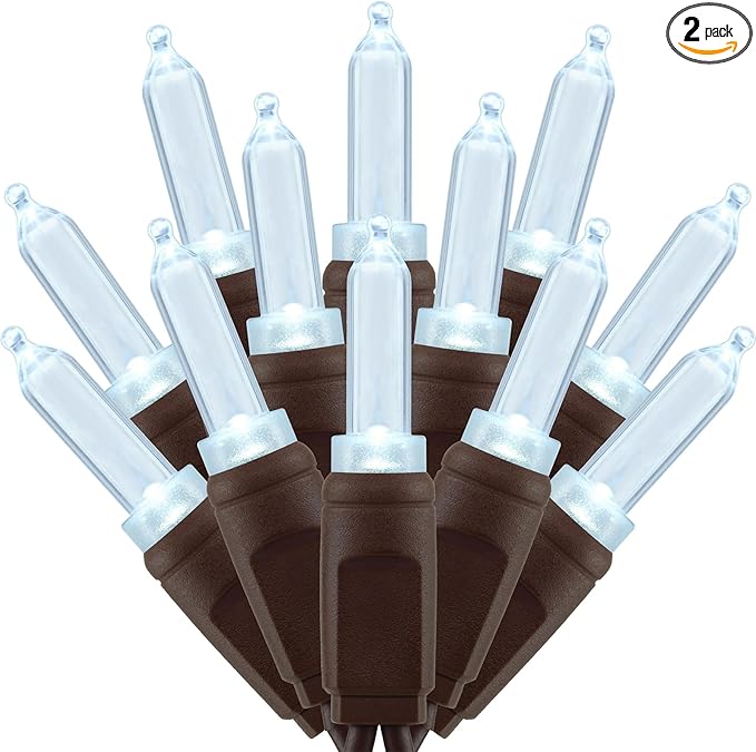 Cool White One-Piece LED Christmas Lights 48 Feet 140 Count Pack of 2 Strands 70ct T5 High Waterproof UL Certified Brown Cord String Lights